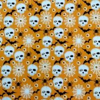 Halloween Polycotton - SKULLS AND SPIDERS ON ORANGE