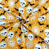 Halloween Polycotton - SKULLS AND SPIDERS ON ORANGE