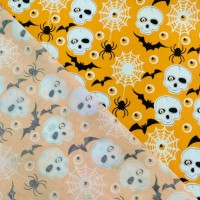 Halloween Polycotton - SKULLS AND SPIDERS ON ORANGE