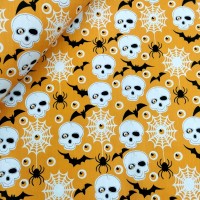 Halloween Polycotton - SKULLS AND SPIDERS ON ORANGE