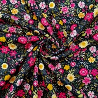 Floral Cotton Poplin - Cerise and Yellow Flowers on Black