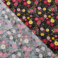 Floral Cotton Poplin - Cerise and Yellow Flowers on Black