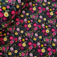 Floral Cotton Poplin - Cerise and Yellow Flowers on Black