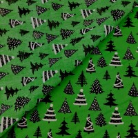 Christmas Polycotton - Black and White Cristmas Trees on Green