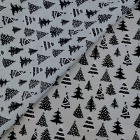 Christmas Polycotton - Black and White Cristmas Trees on Light Grey