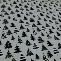 Christmas Polycotton - Black and White Cristmas Trees on Light Grey