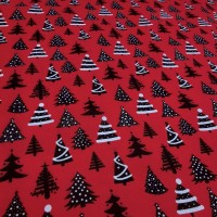 Christmas Polycotton - Black and White Cristmas Trees on Red