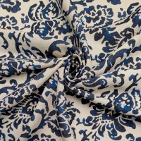 Digital Natural Linen Blue Damask