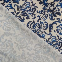 Digital Natural Linen Blue Damask