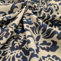 Digital Natural Linen Blue Damask