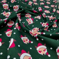 Christmas Polycotton FOXES WITH SANTA HATS - GREEN