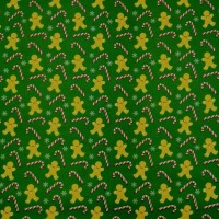 Christmas Polycotton - Gingerbread Men and Candy Canes on Green