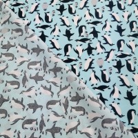 100% Cotton Poplin - Penguins on Sky Blue