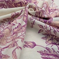 Digital Natural Linen Magenta Vintage Flowers