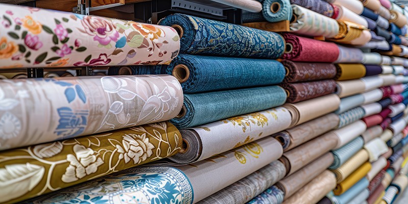 rolls of fabrics in warehouse storage