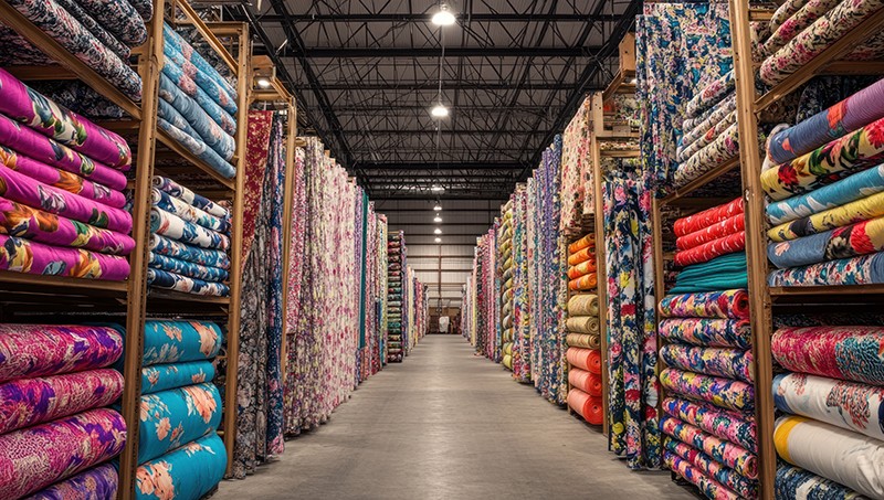 large warehouse filled with colourful rolls of fabrics