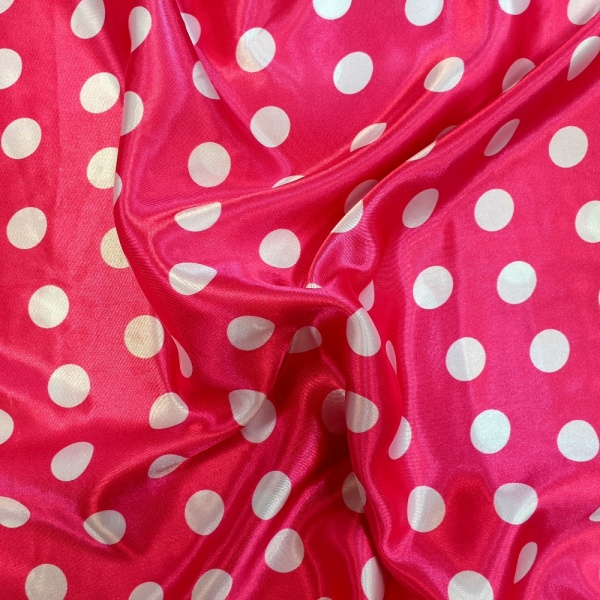 White Polkadots on Bright Pink Satin Fabric