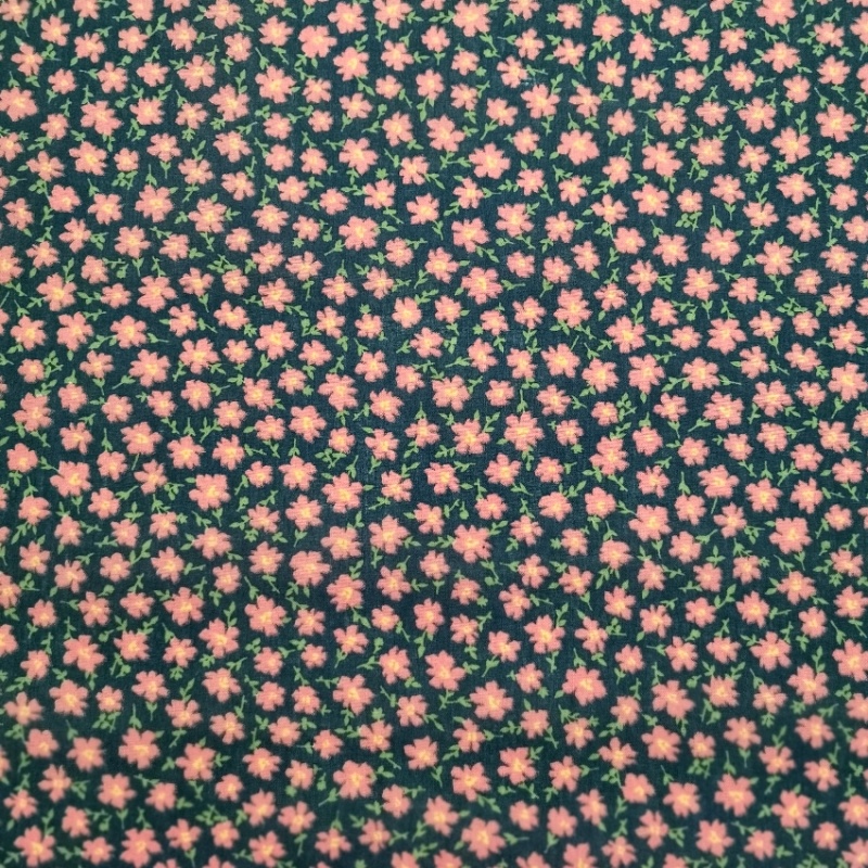 Small Cerise Flowers on Navy Polycotton Fabric