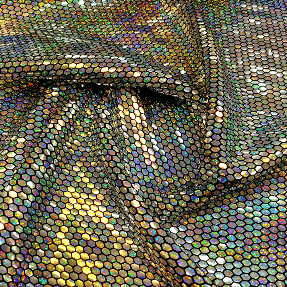 HONEYCOMBE SEQUINNED SPANDEX - SILVER HOLOGRAM ON BLACK, fabric for ...